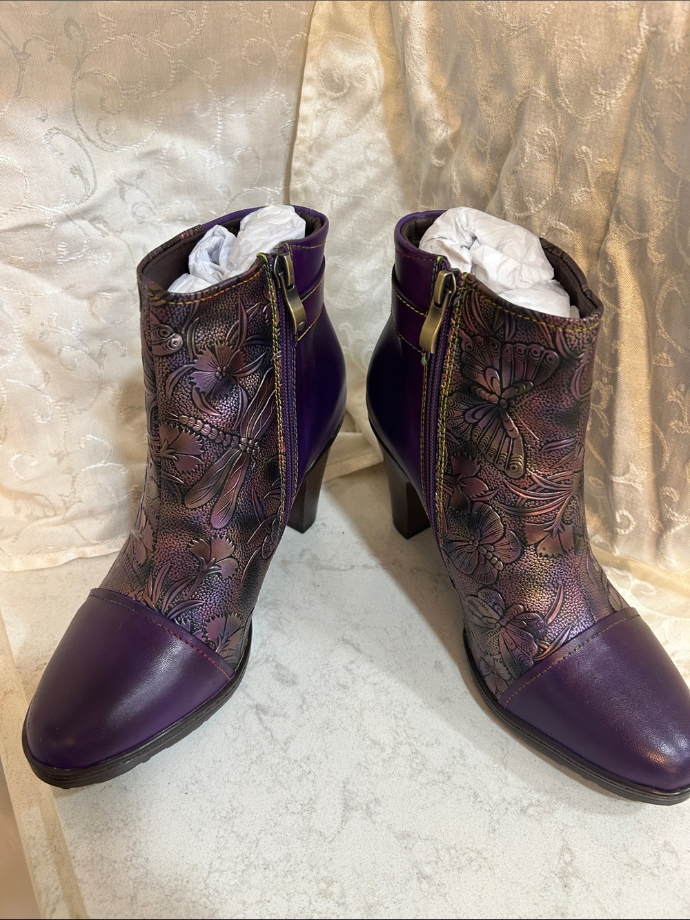 Purple Floral Embossed Ankle Booties with Side Zip